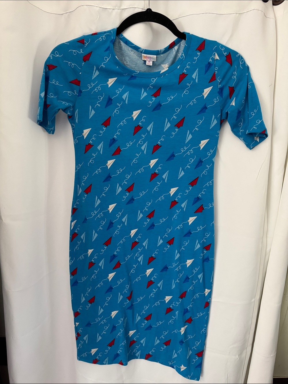 LulaRoe Julia Medium Dress Sky Blue Paper Airplanes Polyester/Spandex
